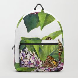 Butterfly & Lilacs Backpack | Purple, Botanical, Summer, Lilac, Wildlife, Illustration, Orange, Painting, Floral, Green 