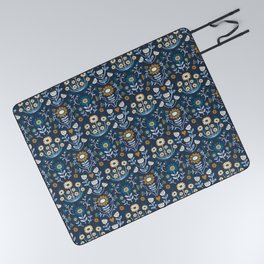 Arts and Crafts Folk Floral - Caramel and teal on Navy by Cecca Designs Picnic Blanket