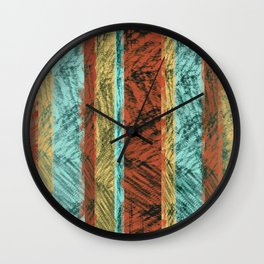Tribal Scratch Stripes Orange Turquoise Straw Yellow Wall Clock | Graphic Design, Digital, Orangeandteal, Texturedstripes, Abstract, Orangeandturquoise, Jaggedstripes, Tribalstripes, Pattern, Graphicdesign 