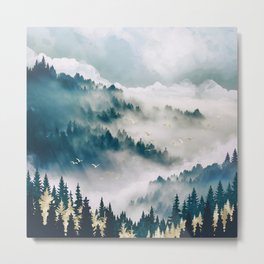Misty Mountains Metal Print | Green, Ethereal, Fog, Forest, Gold, Contemporary, Wanderlust, Graphicdesign, Clouds, Mountains 