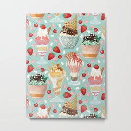 Sundae Daze on Pastel Turquoise Metal Print | Cherry, Caramel, Creamy, Food, Icecream, Painting, Dessert, Confectionary, Cookie, Digital 