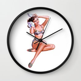 Sexy Brunette Pin Up With Floral Bikini and a Towel in the Head Wall Clock | Up, Pinup, White, Vintage, Retro, Militaryart, Graphicdesign, Red, Daughter, Towel 