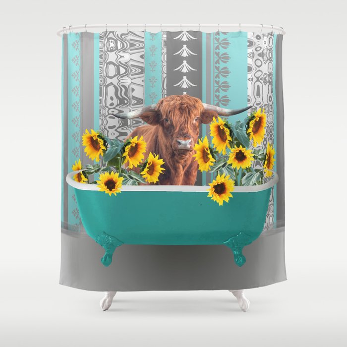 bathtub with Highland cow and sunflowers Shower Curtain