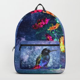 Hummingbird with Fountain / Peony and hibiscus tropical flowers/ Morpho butterfly/ Cosmos, stars and night Backpack | Romanticflowers, Tropicalflowers, Peonyflowers, Morphobutterfly, Beehummingbird, Kidswalldecoration, Animalsbabyshower, Graphicdesign, Colorfulflowers, Cosmosnightsky 