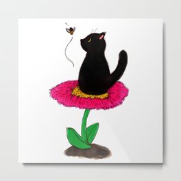 "Buzzz!" Metal Print | Digitalart, Digital, Watercolor, Ink, Art, Cat, Flower, Bee, Emastrations, Funny 