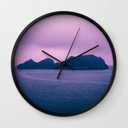 Cloudy Seascape in Shades of Purple. Rocky Island Obscuring the Horizon. Wall Clock | Melancholic, Gloomy, Photo, Dusk, Purple, Bay, Purplesky, Island, Cloudylandscape, Misterious 