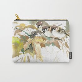 Sparrows and Fall Tree, three birds, brown green fall colors Carry-All Pouch | Sparrowpainting, Ink, Birdartwork, Autumncolors, Sparrowartwork, Sparrows, Sparrowbird, Birdsontree, Birdprint, Fallcolors 