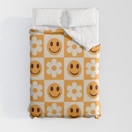 Orange and white checkered flowers and smiley faces pattern  Duvet Cover | Retro, Summer, Checkered Squares, Cheerful, Checkers, Preppy, Graphicdesign, Spring, Smiley Face, Flower Pattern 