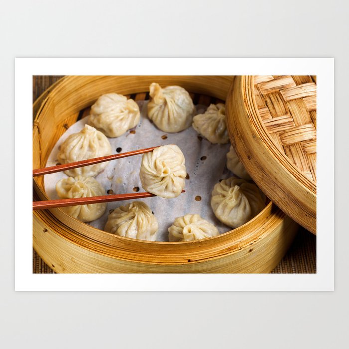 Freshly Steamed Chinese Dumplings Out Of Bamboo Steamer Ready To