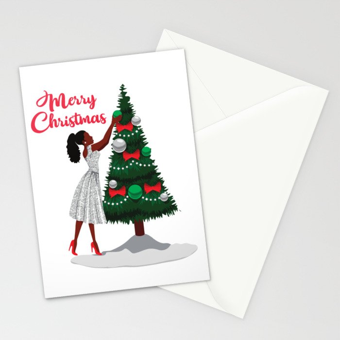 Merry Christmas Black African American Woman Stationery Cards