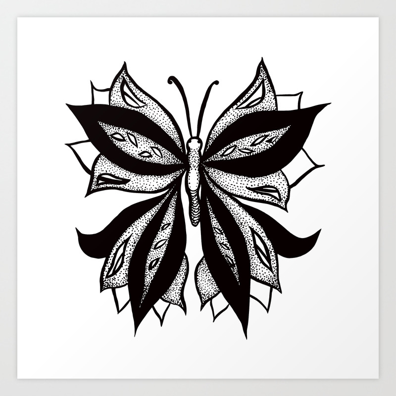 Abstract Butterfly Stipple Shaded Ink Drawing Art Print By