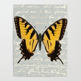 Butterfly Art, Blue Script, Collage Poster