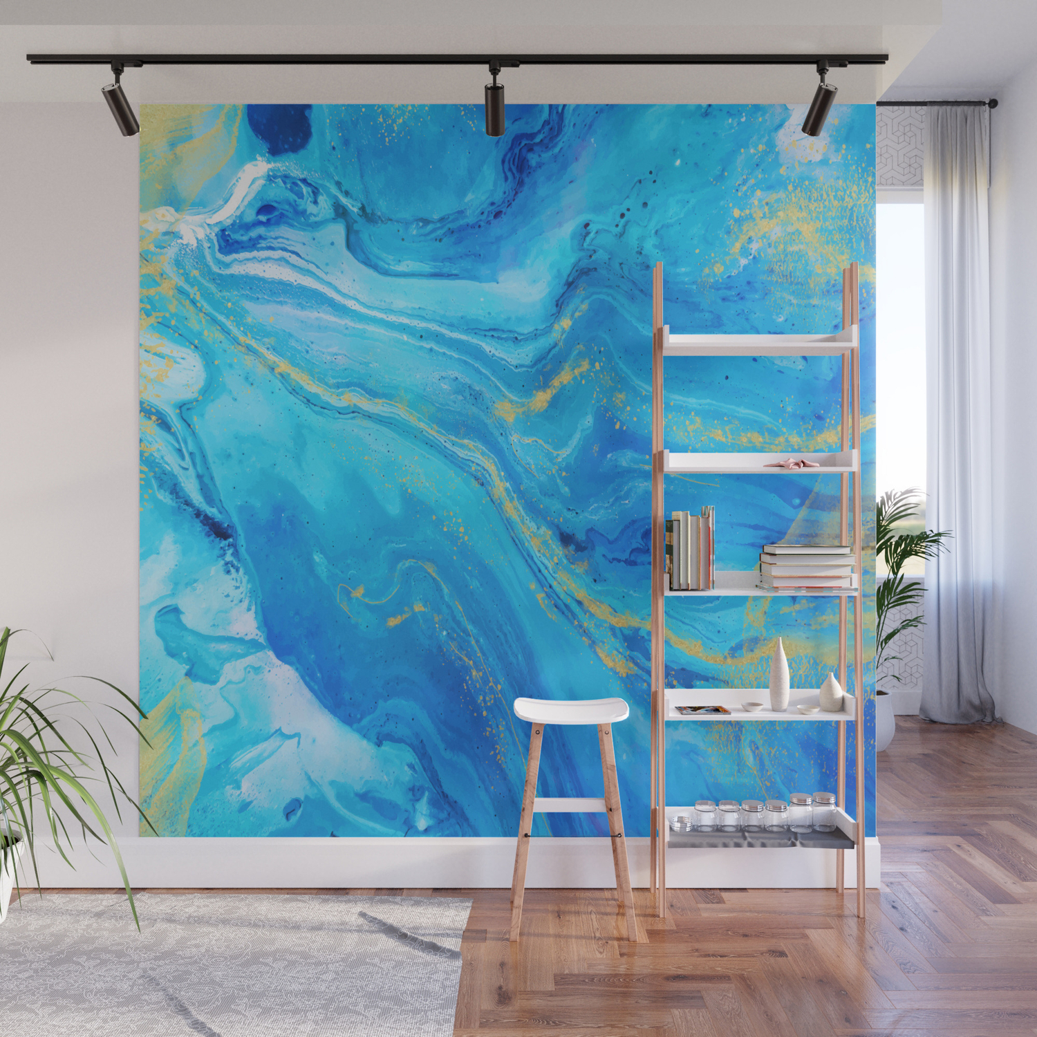 Abstract Acrylic Marble Paint Pattern Texture 1 Blue Gold Wall