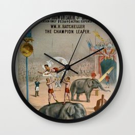 P.T. Barnum Vintage Circus Posters with Batcheller The Champion Leaper Wall Clock | Bigtop, London, Bedroom, Advertisement, Vintage, Elephant, Kids, Children, Carnival, Paintings 