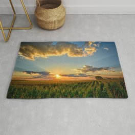Iowa Corn Fields Rug | Sunrise, Farming, Trees, Duaneklipping, Clouds, Rows, Sun, Orange, Sunbeams, Bonfirephotography 