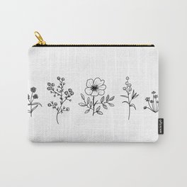Patagonian Little Wildflowers Carry-All Pouch | Graphite, Cute, Curated, Floral, Lineart, Ink Pen, Girl, Wildflower, Black And White, Flower 