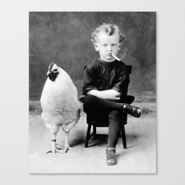 Smoking Boy with Chicken black and white photograph - photography - photographs Canvas Print