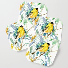 American Goldfinch, yellow sage green birds and flowers Coaster