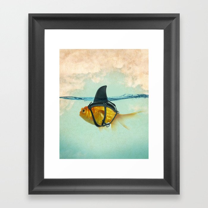 Brilliant DISGUISE - Goldfish with a Shark Fin Gerahmter Kunstdruck | Graphic-design, Animals, Pop-surrealism, Digital, Aqua, Goldfisch, Teal, Orange, Natur, Hai