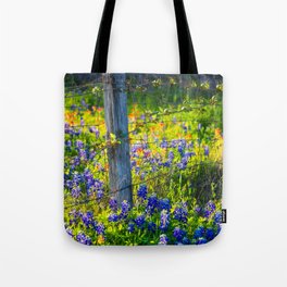 Country Living - Fence Post and Vines Among Bluebonnets and Indian Paintbrush Wildflowers Tote Bag