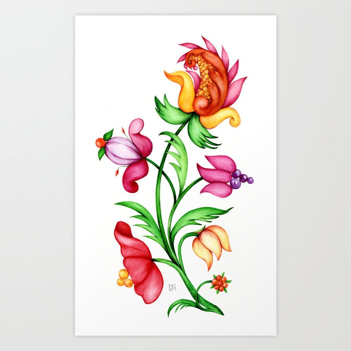 Elegant bright blooming multicolored flower with flourish branches, isolated on a white background Art Print | Drawing, Watercolour, Watercolor, Aquarelle, Flora, Bloom, Flowering, Plant, Green, Leaves