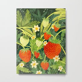 Summer Strawberries Metal Print | Fruit, Flowers, Summer, Magic, Colored Pencil, Night, Strawberries, Berries, Nature, Floral 