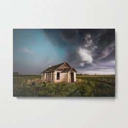Pioneer - Abandoned Settlement Under Storm On Colorado Plains Metal Print | Abandoned, Color, Schoolhouse, Storm, Cloud, Landscape, Blue, Rustic, Old, School 