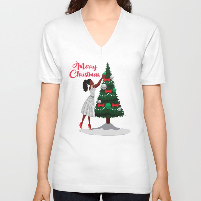 Merry Christmas Black African American Woman Unisex V-Neck