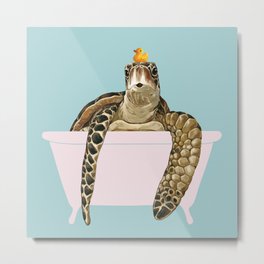 Sea Turtle in Bathtub Metal Print | Children, Painting, Adorable, Leatherback, Ocean, Sea, Cute, Digital, Playful, Animal 
