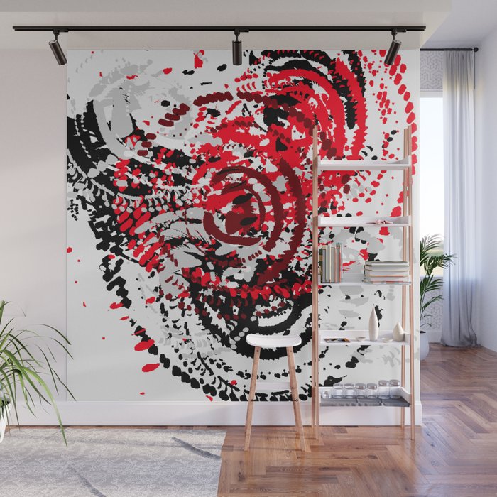 Red Black White Silver Grey Abstract Digital Art Wall Mural By