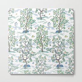 CitrusGrove Toile in White Metal Print | Orange, Acrylic, Birds, Fruittree, Blueandgreen, Digital, White, Tree, Citrusgrove, Landscape 