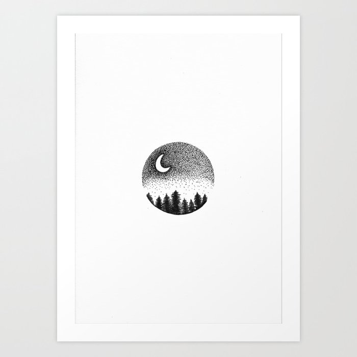 Black And White Forest And Night Sky Pointillism Art Art Print By