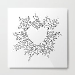 Flourishing Heart Adult Coloring Illustration, Heart and Flowers Wreath Metal Print | Floralwreath, Flowerswreath, Botanicalart, Floralheart, Hearts, Curated, Colouring, Leavespattern, Coloringbook, Drawing 