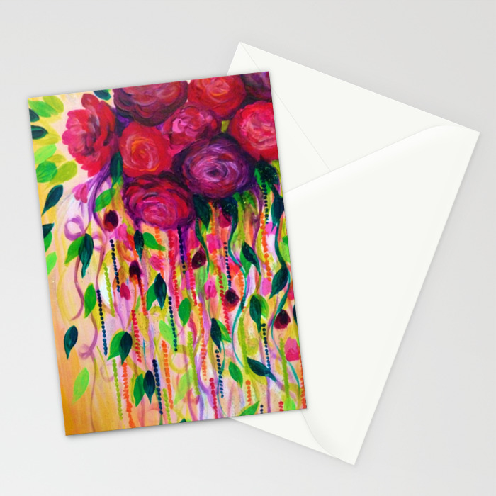 Roses Are Rad Bold Fun Red Roses Floral Bouquet Vines Flowers Abstract Acrylic Painting Fine Art Stationery Cards By Ebiemporium Society6