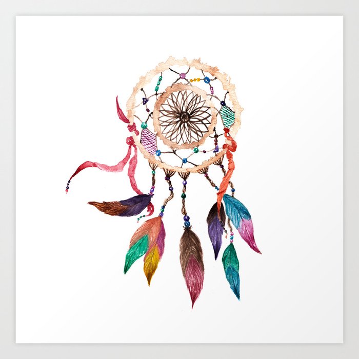 Native American Boho Vibrant Watercolor Beaded Dreamcatcher Art