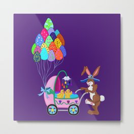 Easter Bunny and Chicks Baby Carriage Stroll Metal Print | Easter, Cuterabbit, Ducklings, Seasonal, Chicks, Easteregg, Easterchicks, Springanimals, Easterillustration, Babycarriage 