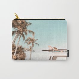 Retro Camper Van with Surfboard at the Beach Carry-All Pouch | Surf, Green, Summer, Vintagecamper, Hippie, Palmtrees, Tropical, Teal, Retro, Palms 