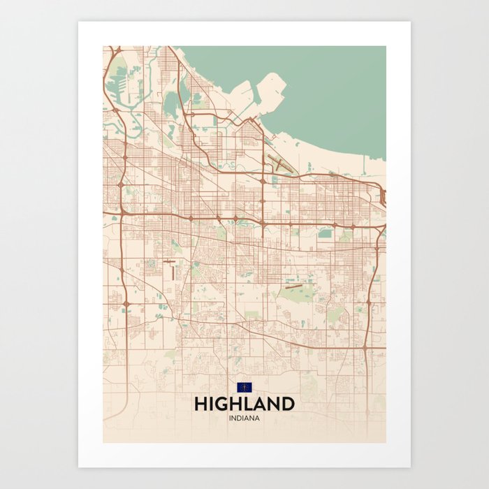 Highland, Indiana, United States Vintage City Map Art Print by IMR