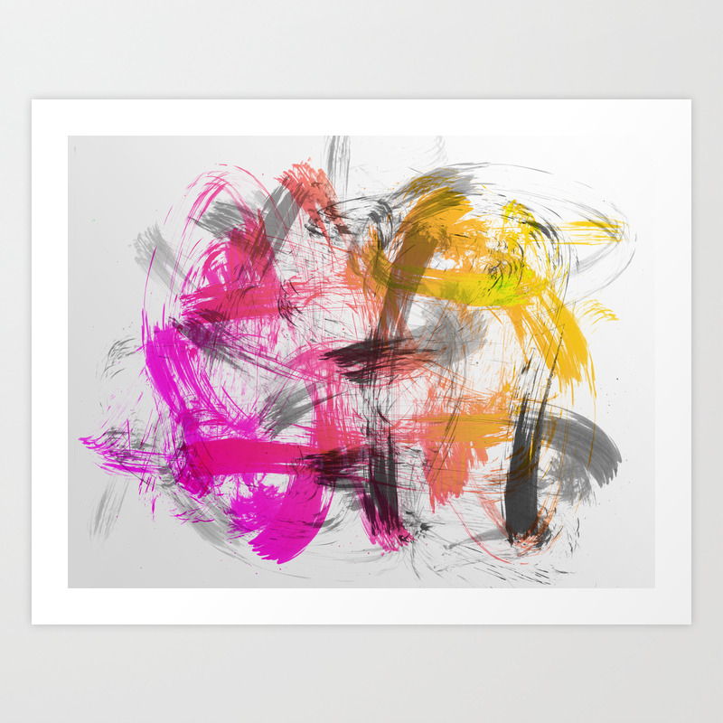 Fuchsia And Yellow Abstract Brushstroke Painting On Metallic
