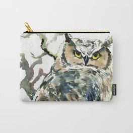 Great Horned Owl in Woods, woodland owl Carry-All Pouch | Owlpainting, Olivegreen, Owlwallart, Owl, Hornedowl, Painting, Owldesign, Brown, Bird, Owls 