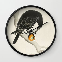 Crow eating persimmon Fruit - Vintage Japanese Woodblock Print Art Wall Clock | Kaki, Japan, Japanese, Raven, Persimmons, Fruits, Crows, Tree, Persimmon, Woodblock 
