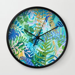 Blue Tropical Botanical Wall Clock | Leafy, Tropical, Abstractbotanical, Jungle, Acrylic, Plants, Pattern, Tropics, Botanical, Junglevibe 