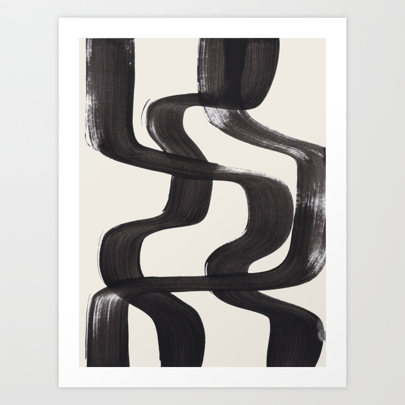 Mid Century Modern Minimalist Abstract Art Brush Strokes Black