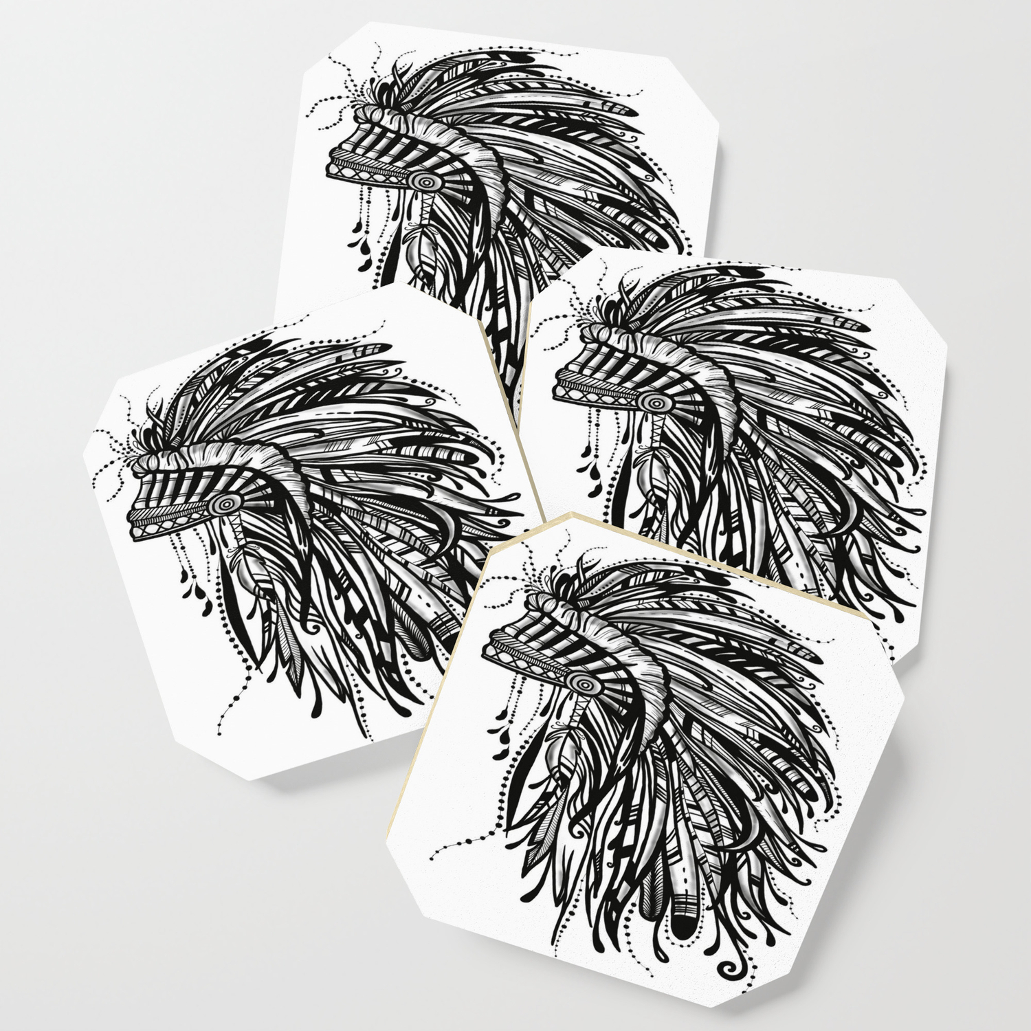 Native American Indian Headdress Warbonnet Black And White Coaster By Madhattersdiary Society6,Mini Canvas Painting Anime