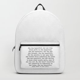 She Was Beautiful, F. Scott Fitzgerald, Quote Backpack | Poster, Book, Curated, Shewasbeautiful, Typography, Typewritten, Fitzgerald, Art, Print, Graphic Design 