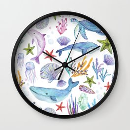 under the sea watercolor Wall Clock | Dolphin, Starfish, Pretty, Seaturtle, Green, Painting, Seashells, Pattern, Underthesea, Ink 