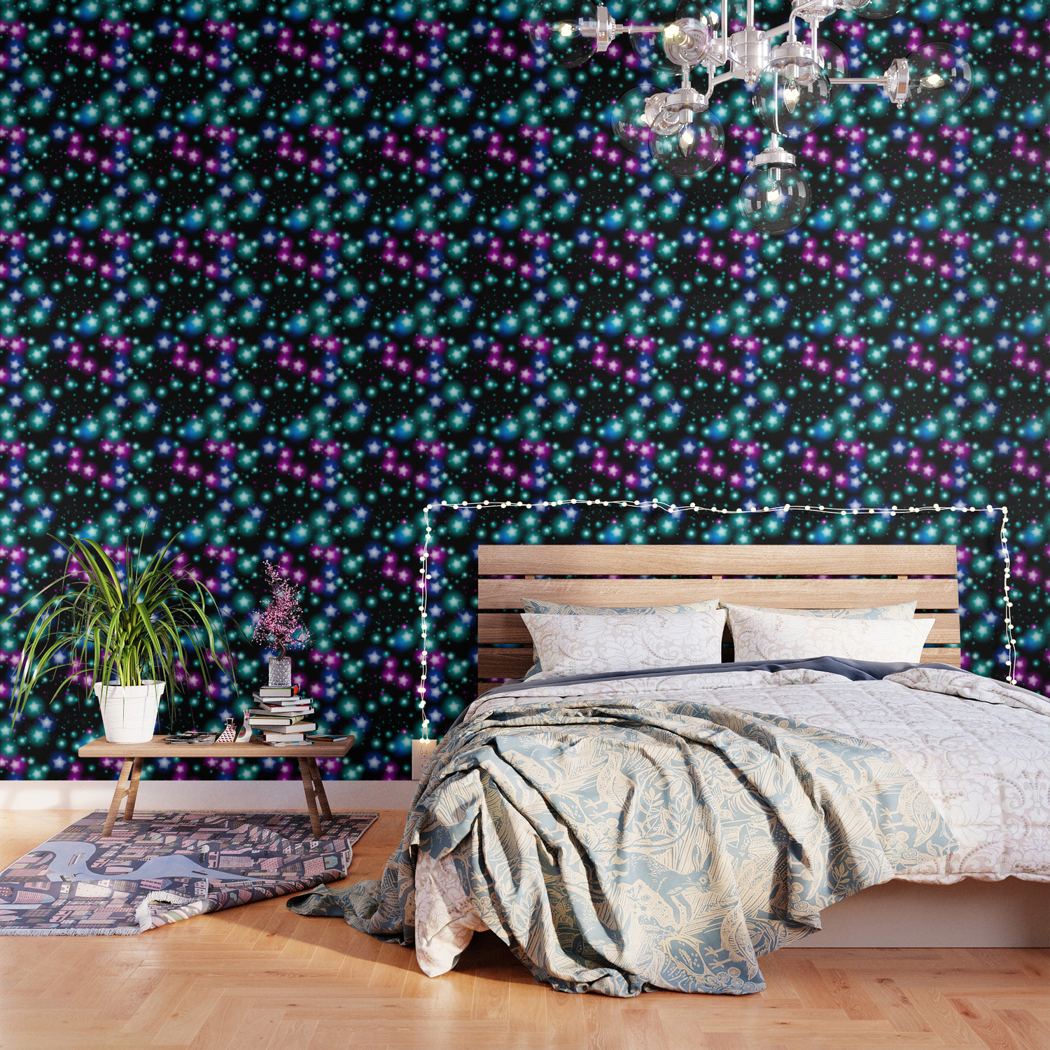 Abstract Starry Pattern With Neon Star On Black Background Galaxy