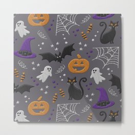 Halloween party symbols grey embroidery print Metal Print