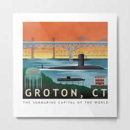 Groton, CT - Retro Submarine Travel Poster Metal Print | Connecticut, Newlondon, Travel, Sailor, Retro, Submarine, Groton, Digital, Ship, Drawing 