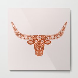 Floral Longhorn – Burnt Orange Metal Print | Floral, Animal, Country, Cowboy, Texas, Southwestern, South, Steer, Longhorn, Flowers 